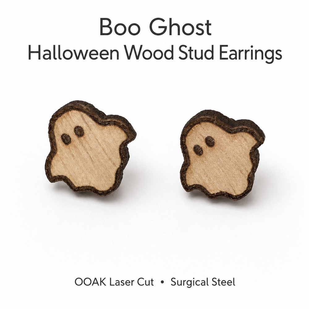 OOAK Boo Ghost Halloween Wood Stud Earrings Surgical Steel Posts Laser Cut Brown